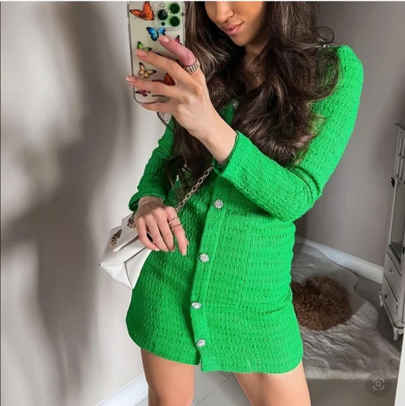 Zara * Tweed Textured Weave Blazer Dress with Jewel Buttons Green - Picture 8 of 14